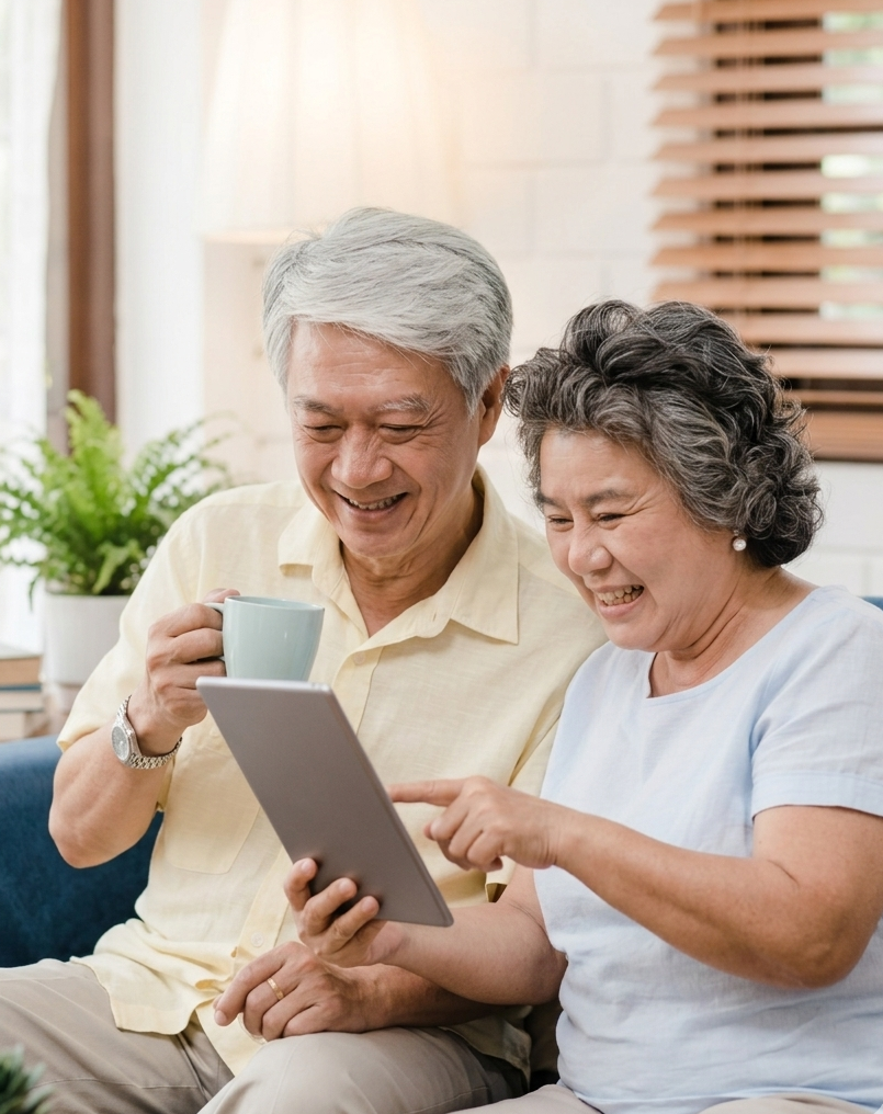 태블릿을 함께 보며 웃고 있는 노부부